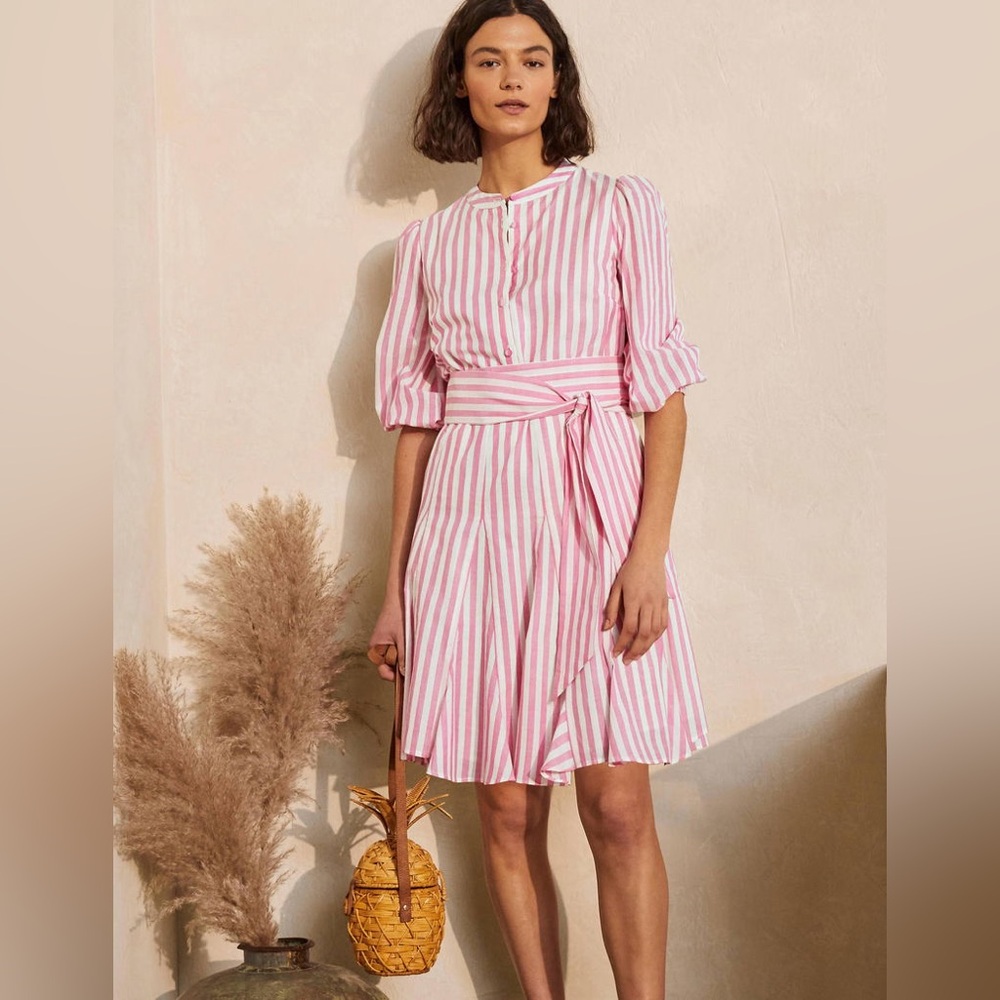 BODEN Puff Sleeve Cotton Pink White Striped Dress Button Down Ruffle Hem SZ 2 - Picture 16 of 16